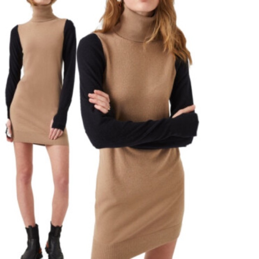 French Connection Camel and Navy Turtleneck Sweater Dress Sz S NWT